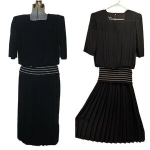 VTG 80s Cynthia Howie Black Crepe Day Dress Size 6 ILGWU Pleated & Ribbed Waist